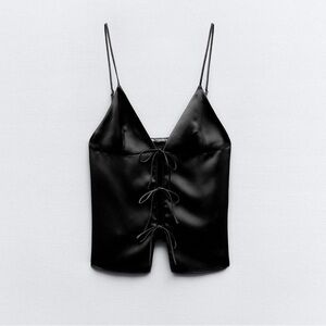 Zara Black Satin Camisole with Lace-Up Detail